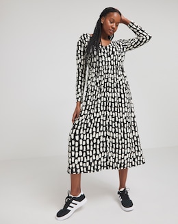 Mono Print Waffle Button up Midi Dress With Pockets