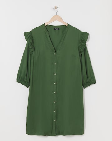 Green Viscose Twill Frill Shoulder Shirt Dress