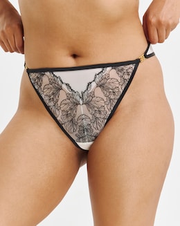 Figleaves Emilia Sketchy Embroidery Thong - Black/Almond