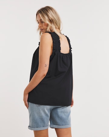 Black Shirred Strap Poplin Cami