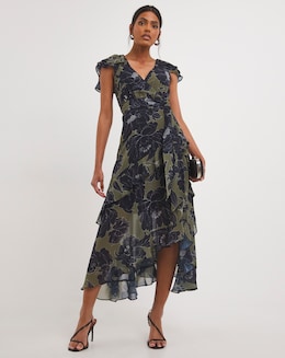Joanna Hope Khaki Floral Chiffon Tiered Midi Dress