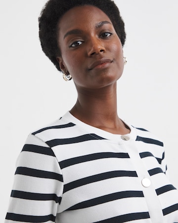 Crew Neck Striped Button Front Cardigan