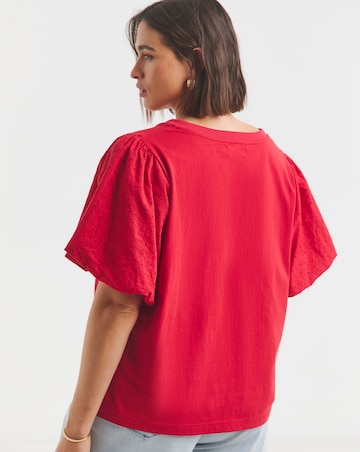 Simply Be Red Broderie Sleeve V Neck T-Shirt