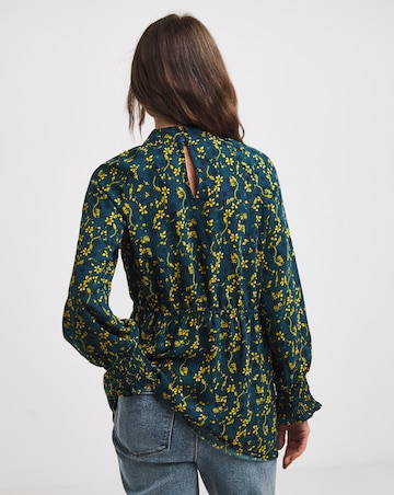 Yellow Floral High Twist Neck Long Sleeve Top