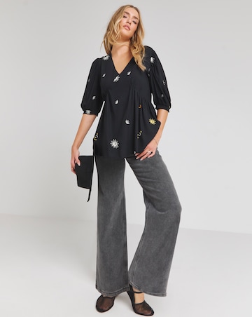 Simply Be Black Celestial Embroidered Puff Sleeve V Neck Top