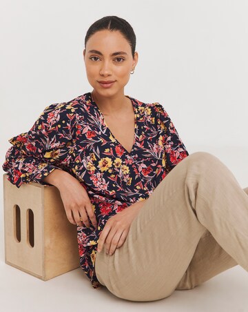 Mixed Print Volume Cuff Blouse