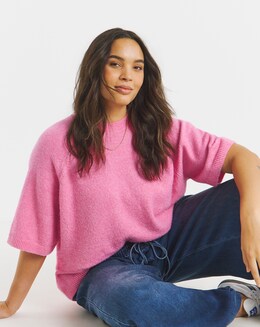 Cosy Yarn Pink Short Sleeve Boxy Knitted T-Shirt