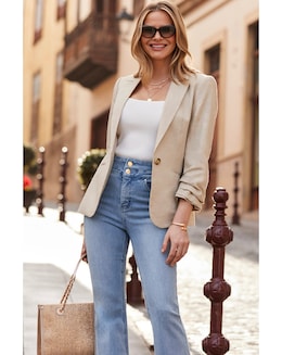 Sosandar 100% Linen Ruched Sleeve Blazer