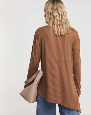 Beige Long Sleeve Ribbed Asymmetric Top