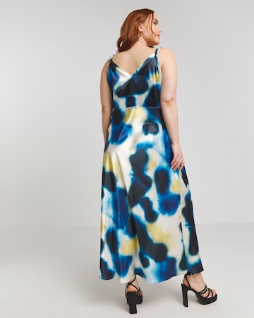 Blue Blurred Print Satin Cami Maxi Dress