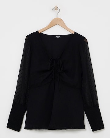 Ruched Front Dobby Blouse Black with Shirred Cuffs