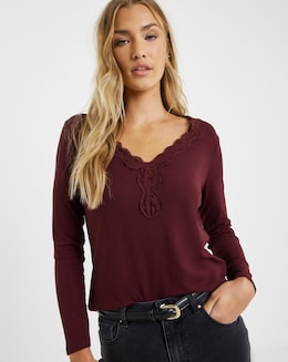 Burgundy Cosy Long Sleeve Lace V Neck Top