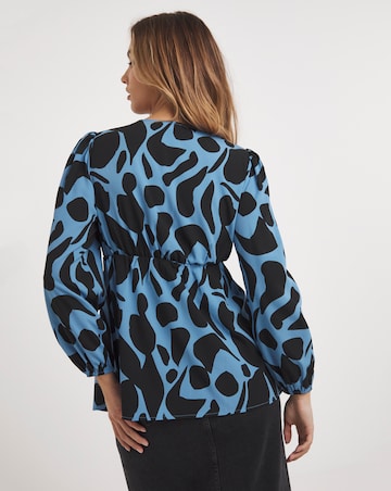 Blue Print Mock Button Blouse