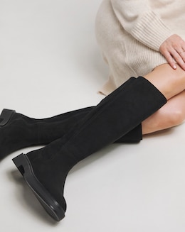 Perry Stretch Back Panel Flat Knee High Boots - Standard Fit (D) &amp; Standard Calf