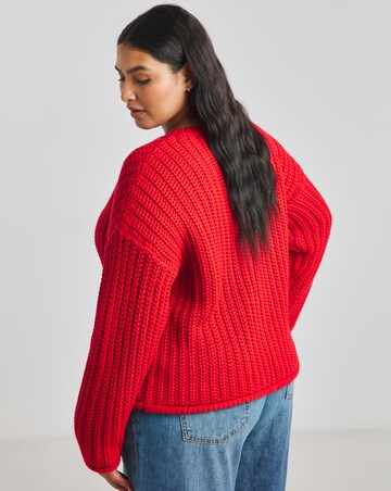 Red Chunky Knitted Crew Neck Cardigan