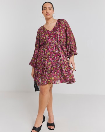 Floral Print Metallic Thread Detail Swing Dress