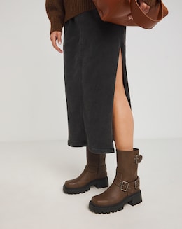 Stevie Multi Buckle Chunky Ankle Biker Boots - Wide Fit (E)