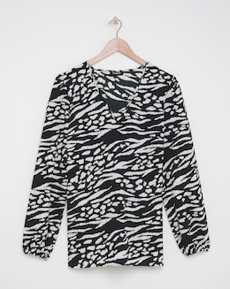 Mono Print Long Sleeve V Neck Boxy Blouse
