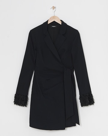 Black Bengaline Blazer Dress With Detachable Feather Cuff