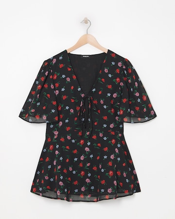 Black Floral Ruched V Neck Adjustable Blouse with Angel Sleeve