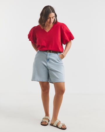 Simply Be Red Broderie Sleeve V Neck T-Shirt