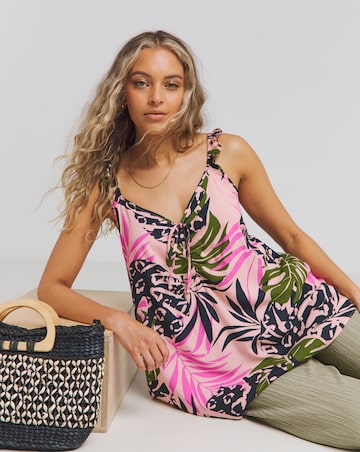 Simply Be Palm Print Ruched Tie Detail Frill Strap Viscose Cami
