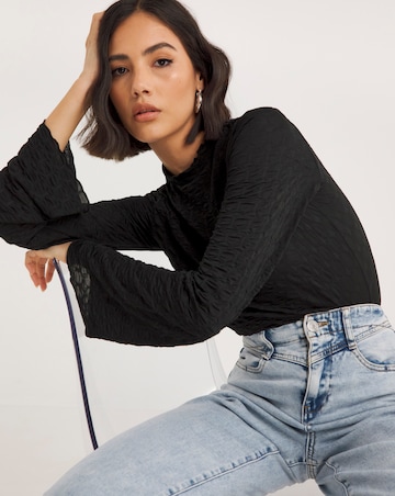 Black Textured Frill Hem Top