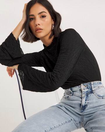 Black Textured Frill Hem Top