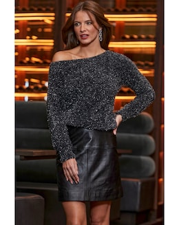 Sosandar Black Tinsel Yarn Off the Shoulder Jumper
