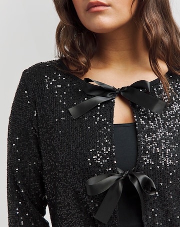 Black Linear Sequin Tie Front Cardi