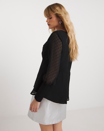 Ruched Front Dobby Blouse Black with Shirred Cuffs