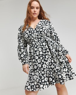Mono Print Textured Wrap Skater Dress