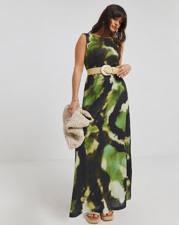 Green Print Mesh Sleeveless Scoop Back Maxi Dress