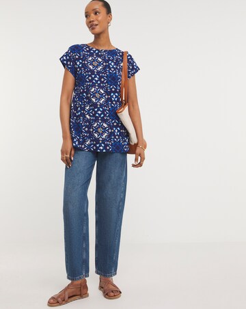 Womens Short Sleeve Smock Top - Blue Print