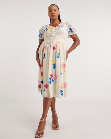 Maya Curve V Neck Floral Embroidered Midi Dress
