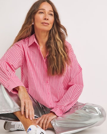 Womens Cotton Poplin Oversized Long Sleeve Shirt - Pink Stripe