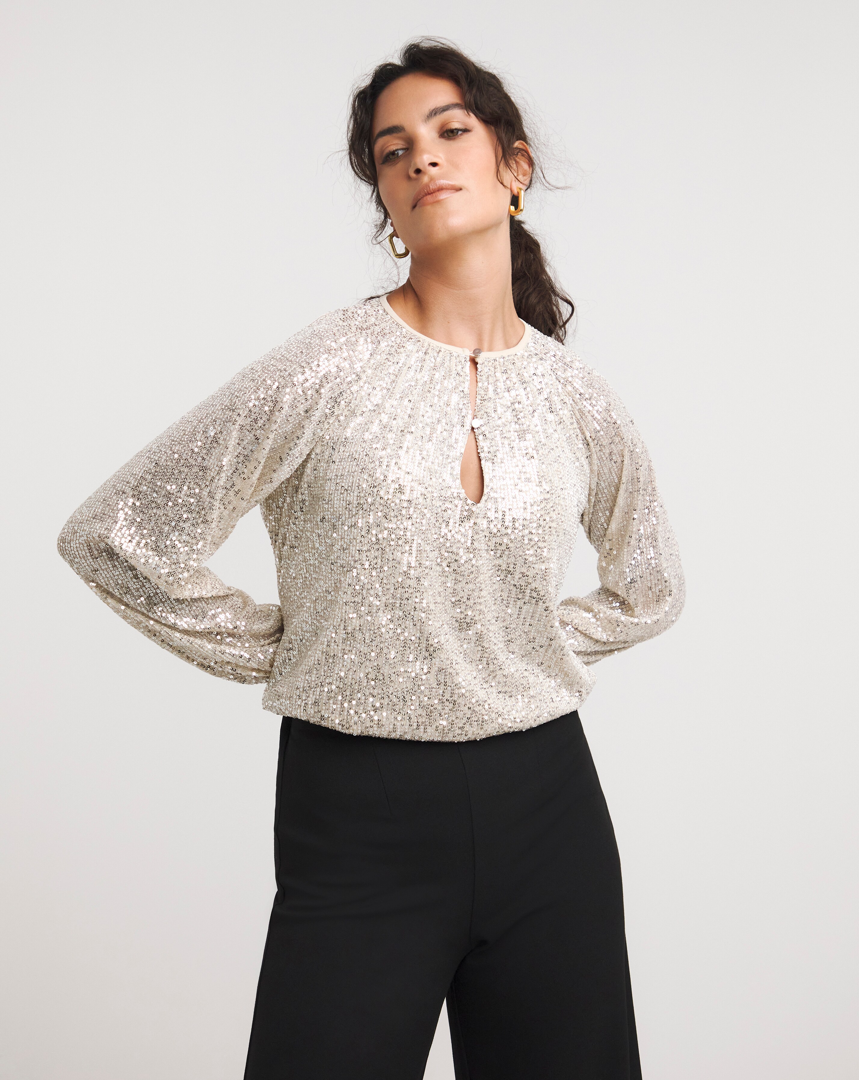 トップス Volume-Sleeve Glitter Knit Top Silver Sequin Slash Neck Volume Sleeve Top | JD Williams