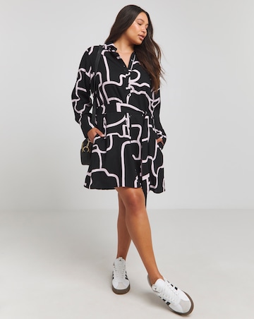 Black Print Long Sleeve Shirt Dress