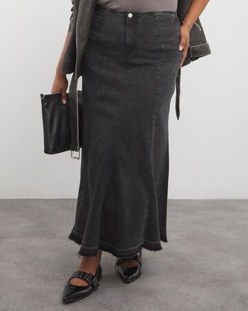 Washed Black Fit and Flare Denim Maxi Skirt