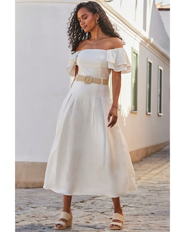 Sosandar Linen Blend Ruffle Sleeve Bardot Top