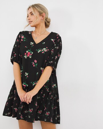 Mixed Print V-Neck Dropped Waist Dress