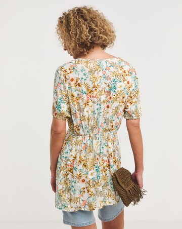 Multi Floral Short Sleeve Button Front Ladder Trim Crinkle Top