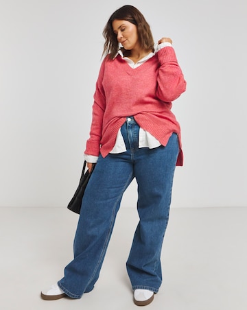 Pink Slouchy V Neck Longline Jumper