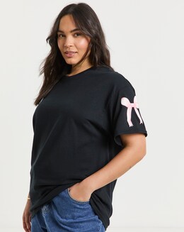 Simply Be Black Bow Sleeves Slogan T-Shirt