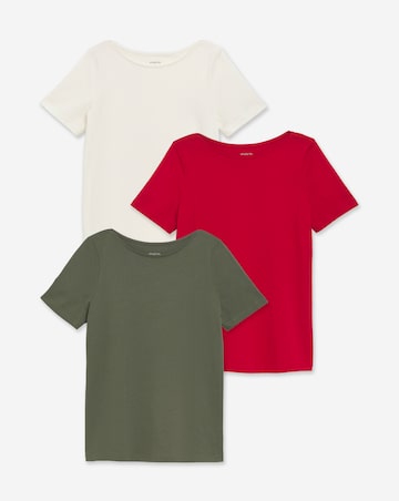 Simply Be Ecru, Khaki & Red 3 Pack of Short Sleeve Pure Cotton Slash Neck Tops