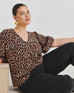 Leopard V Neck Puff Sleeve Blouse