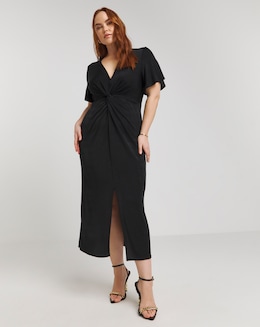 Black Slinky Short Sleeve Knot Front Midaxi Dress