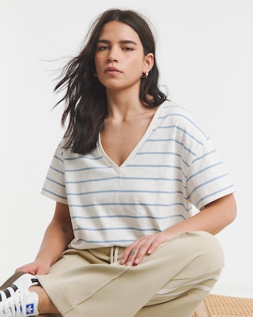 Simply Be Blue Stripe Pure Cotton V Neck T-Shirt