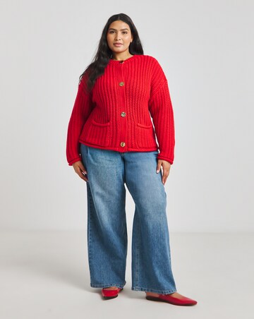 Red Chunky Knitted Crew Neck Cardigan