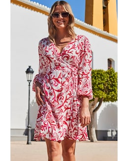 Sosandar Blouson Sleeve Godet Hem Wrap Dress